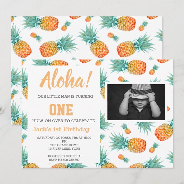 Exotic Tropical Pineapple 1st Birthday Photo Invit Invitation (Front/Back)