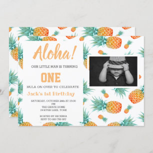 Exotic Tropical Pineapple 1st Birthday Photo Invit Invitation