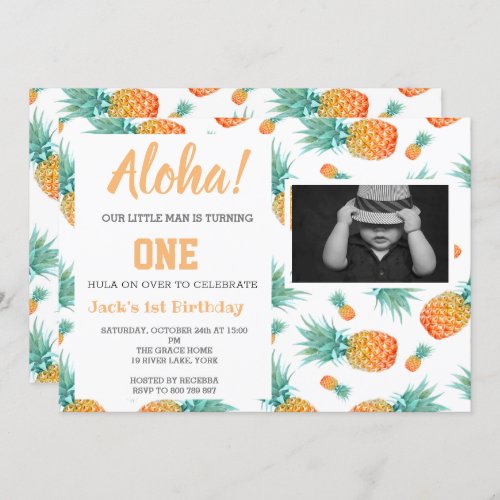 Exotic Tropical Pineapple 1st Birthday Photo Invit Invitation