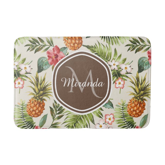Exotic Tropical Pineapple Floral Brown Monogram Bath Mat (Front)