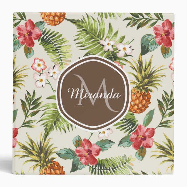 Exotic Tropical Pineapple Floral Brown Monogram Binder (Front)