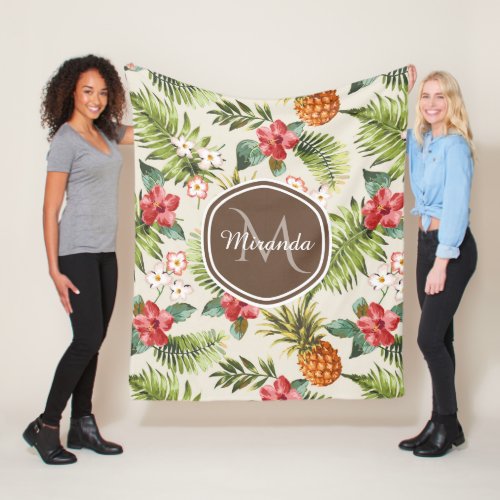 Exotic Tropical Pineapple Floral Brown Monogram Fleece Blanket