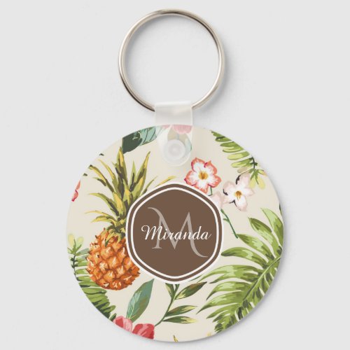 Exotic Tropical Pineapple Floral Brown Monogram Keychain