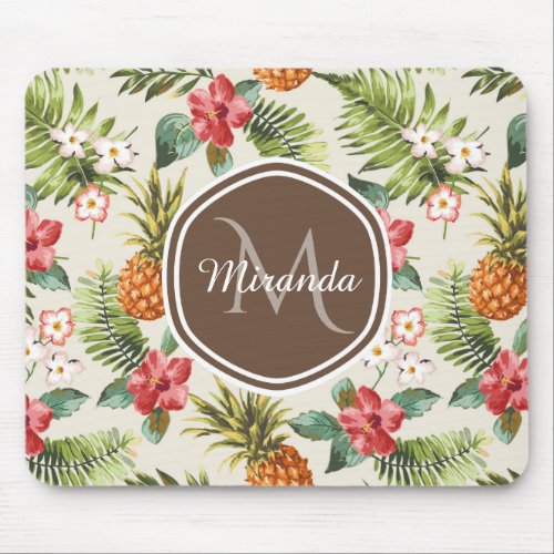 Exotic Tropical Pineapple Floral Brown Monogram Mouse Pad