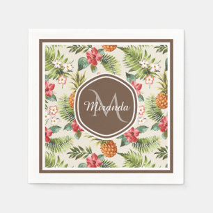 Exotic Tropical Pineapple Floral Brown Monogram Paper Napkins