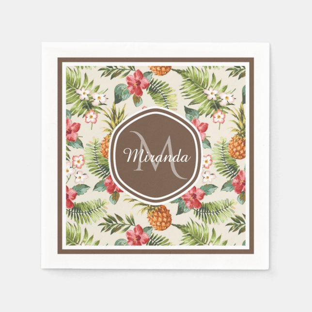 Exotic Tropical Pineapple Floral Brown Monogram Paper Napkins (Front)