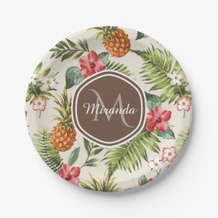 Exotic Tropical Pineapple Floral Brown Monogram Paper Plates