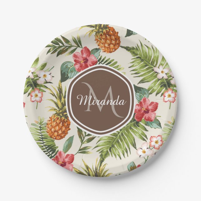 Exotic Tropical Pineapple Floral Brown Monogram Paper Plates (Front)