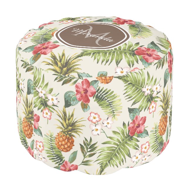 Exotic Tropical Pineapple Floral Brown Monogram Pouf (Angled Back)