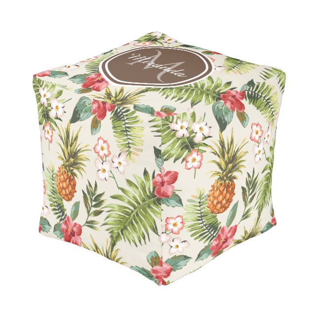 Exotic Tropical Pineapple Floral Brown Monogram Pouf (Angled Front)