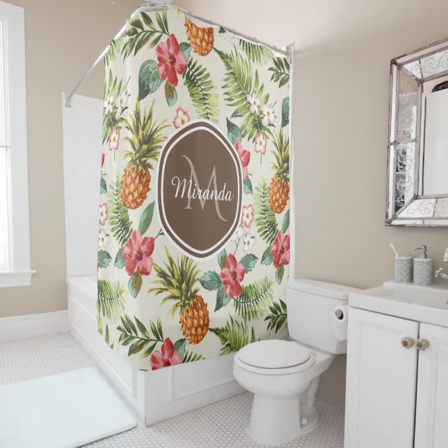 Exotic Tropical Pineapple Floral Brown Monogram Shower Curtain (In Situ)