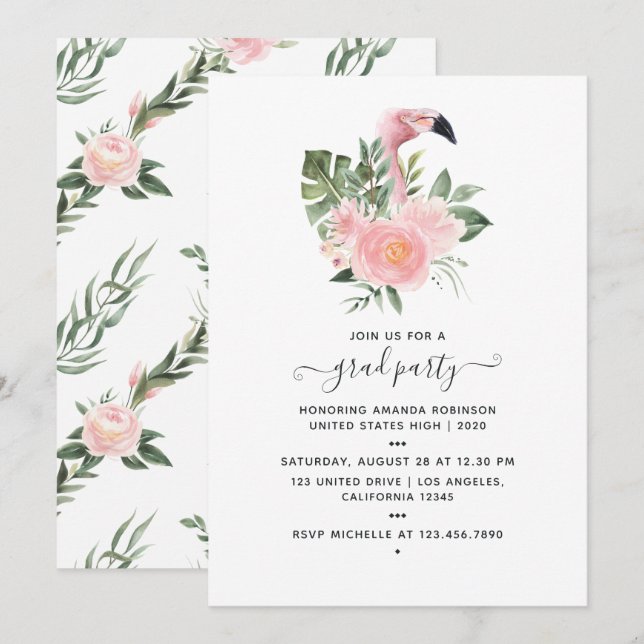 Exotic Tropical Pink Flamingo Graduation Party Invitation (Front/Back)