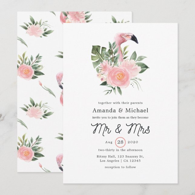 Exotic Tropical Pink Flamingo Mr & Mrs Wedding Invitation (Front/Back)