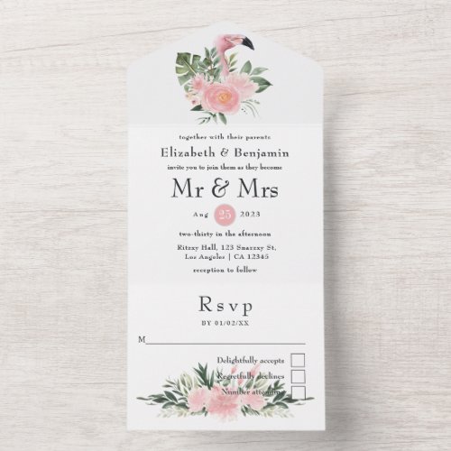 Exotic Tropical Pink Flamingo Wedding All In One Invitation