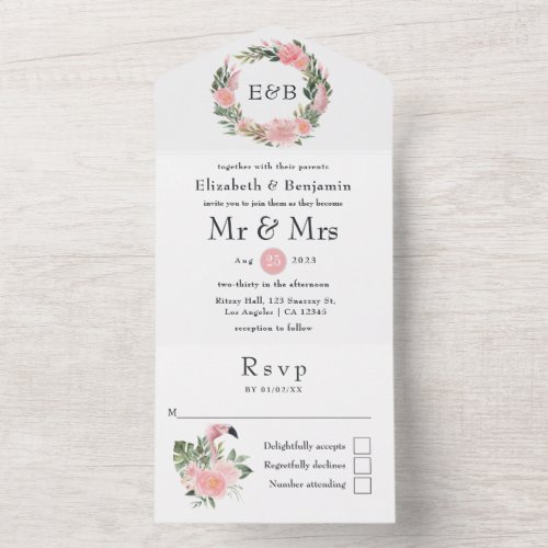 Exotic Tropical Pink Flamingo Wedding Monogram All All In One Invitation