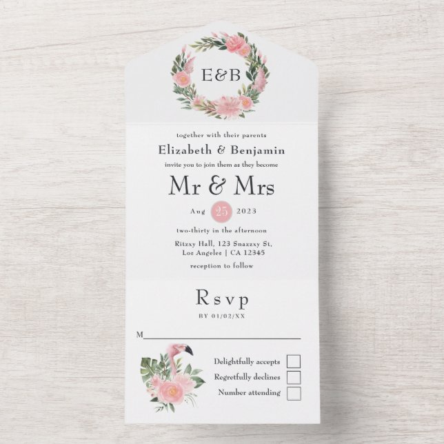 Exotic Tropical Pink Flamingo Wedding Monogram All In One Invitation (Inside)