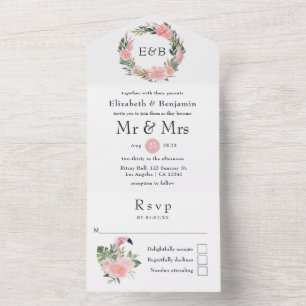 Exotic Tropical Pink Flamingo Wedding Monogram All In One Invitation
