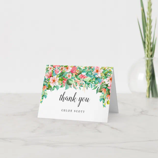 Exotic Tropical Pink Floral Bridal Shower Photo Thank You Card | Zazzle
