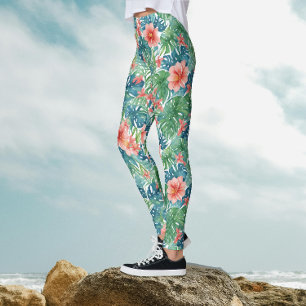 Exotic Tropical Red Hibiscus Hawaiian Watercolor Leggings