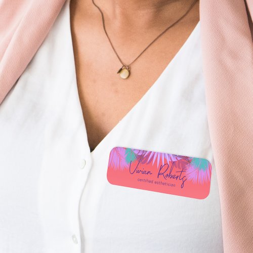 Exotic Tropical Summer Palm Leaves Stylish Script  Name Tag