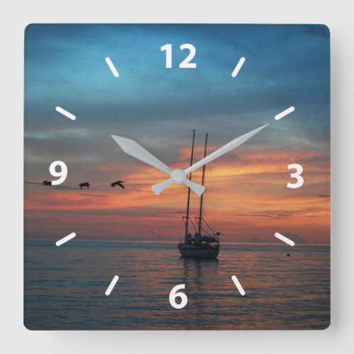 Exotic Tropical Sunset Sailboat Pelicans Square Wall Clock