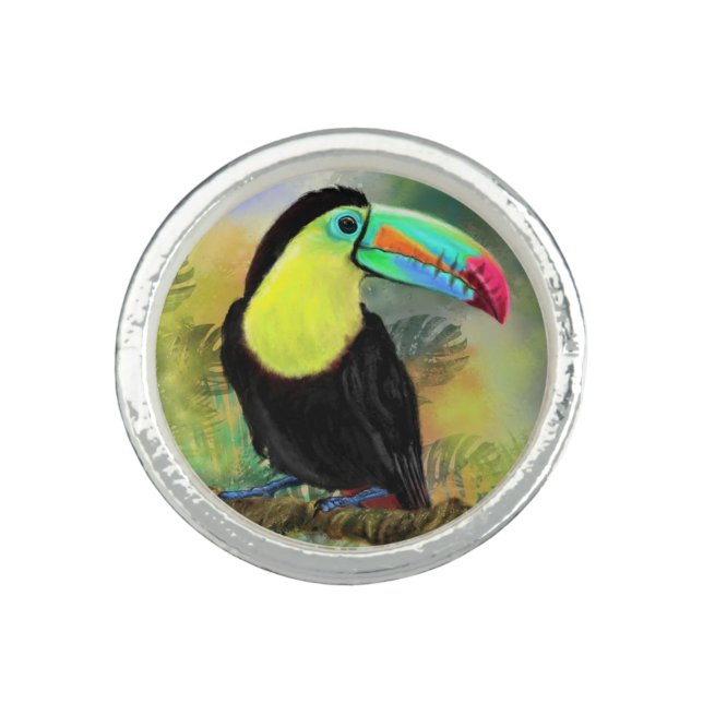 Exotic Tropical Toco Toucan Bird - Painting Migned Ring (Front)
