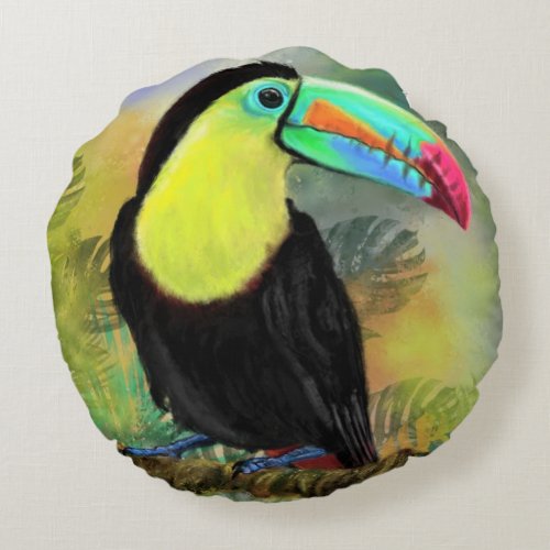 Exotic Tropical Toco Toucan Bird _ Painting Migned Round Pillow