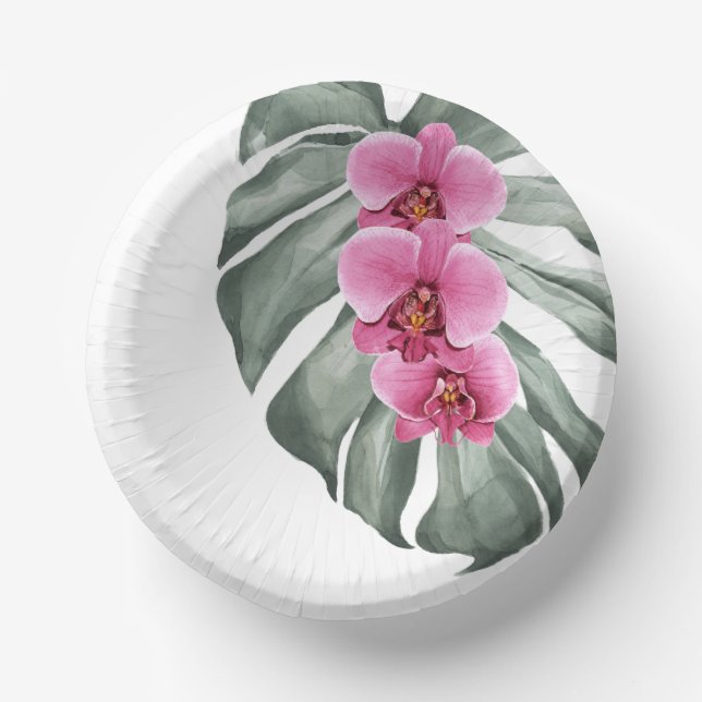 Exotic Tropical Watercolor Hot Pink Orchids Paper Bowls (Front)