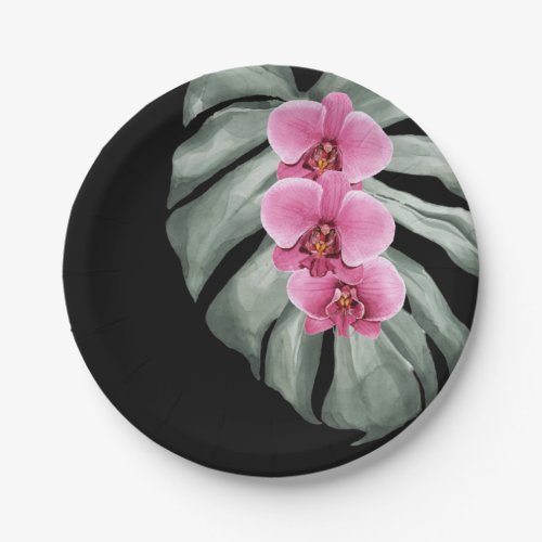 Exotic Tropical Watercolor Hot Pink Orchids Paper Plates