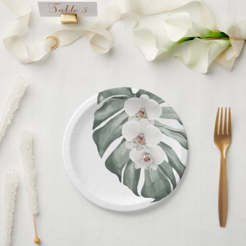 Exotic Tropical Watercolor White Orchids Paper Plates