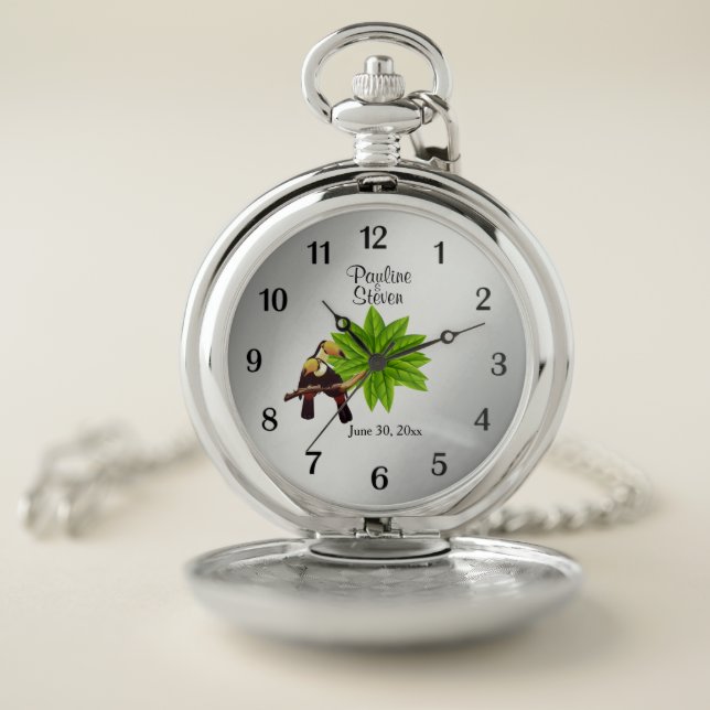 Exotic Tucan Wedding Name & Date  Silver Face Pocket Watch (Inside)