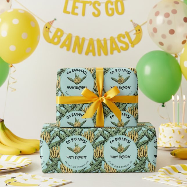 Exotic Turquoise Go Bananas Happy Birthday Jungle Wrapping Paper (Fun Go Bananas Birthday Party Wrapping Paper. Yellow Bananas, Banana Leaves Happy Birthday Gift Wrap)