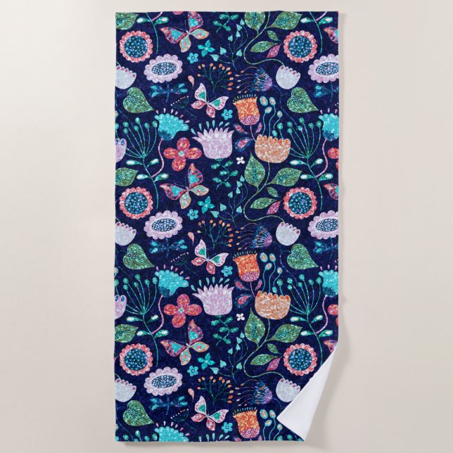 Exotic vintage flowers and butterflies pattern beach towel (Front)