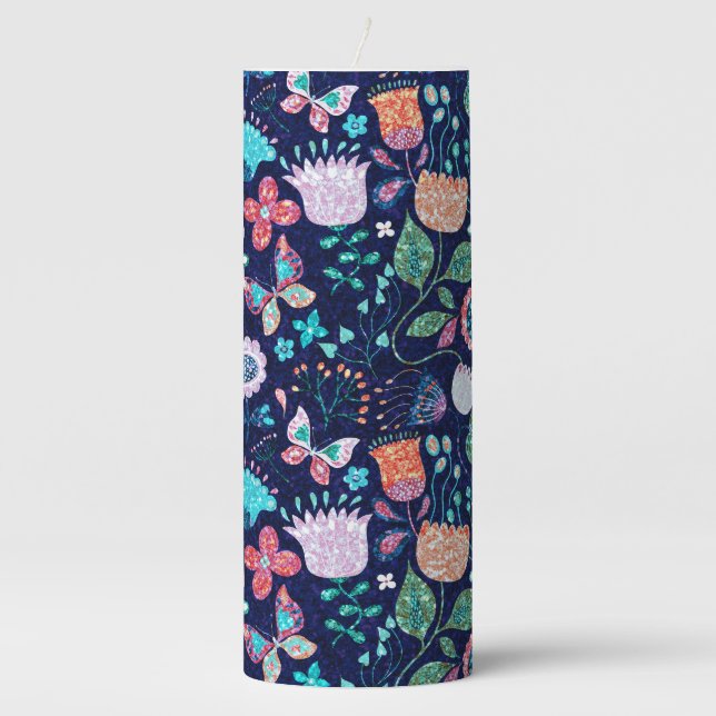 Exotic vintage flowers and butterflies pattern pillar candle (Front)