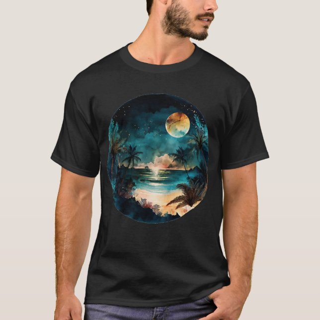 Exotic Watercolor Beach Sunset T-Shirt (Front)