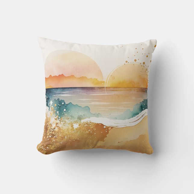 Exotic Watercolor Beach Sunset Throw Pillow (Front)