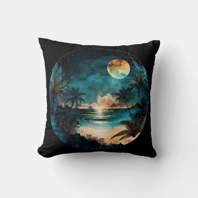 Exotic Watercolor Beach Sunset Throw Pillow (Front)