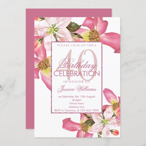 Exotic Watercolor Flowers 40th Birthday Party Invitation