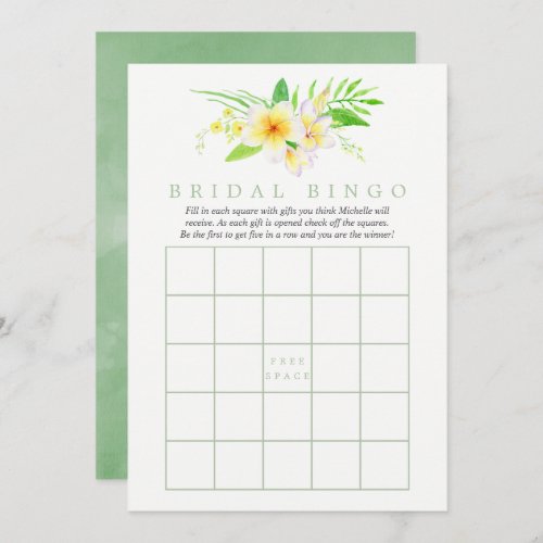 Exotic Watercolor Frangipani Bridal Shower Bingo Invitation