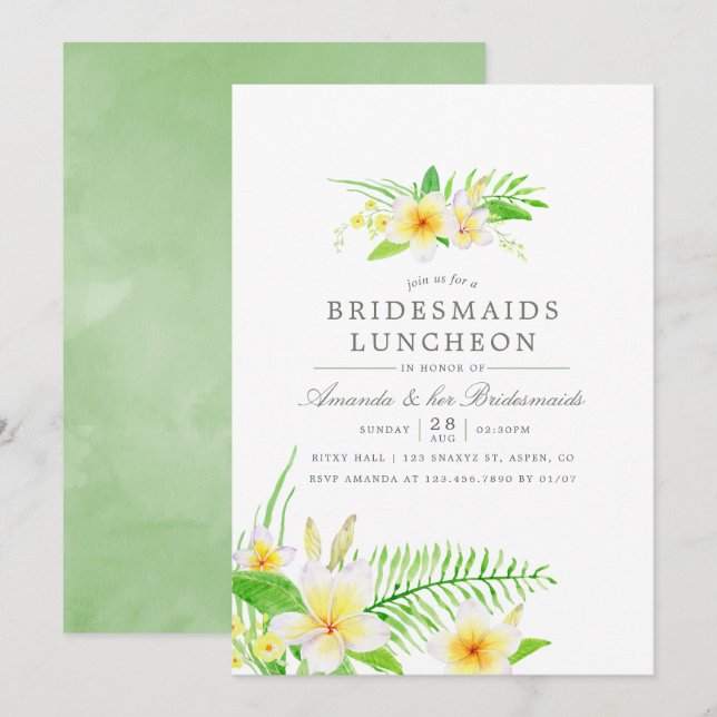Exotic Watercolor Frangipani Bridesmaids Luncheon Invitation (Front/Back)