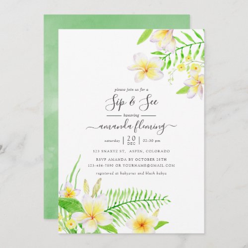 Exotic Watercolor Frangipani Floral Sip and See Invitation