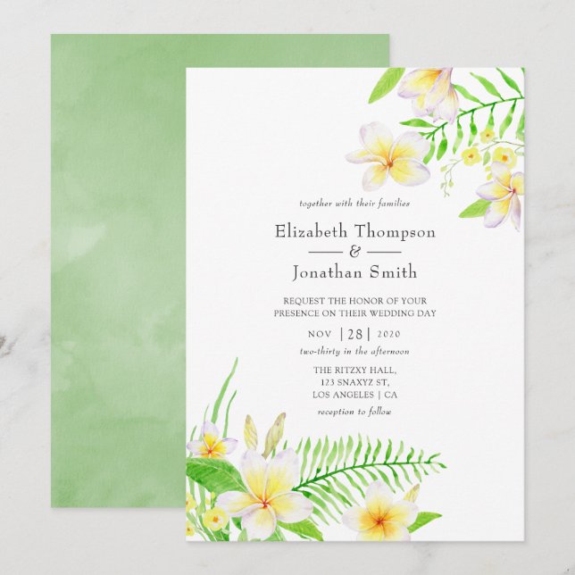 Exotic Watercolor Frangipani Floral Wedding Invitation (Front/Back)