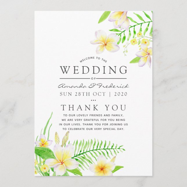 Exotic Watercolor Frangipani Floral Wedding Program (Front)