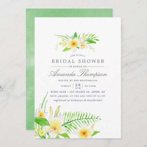 Exotic Watercolor Frangipani Flowers Bridal Shower Invitation