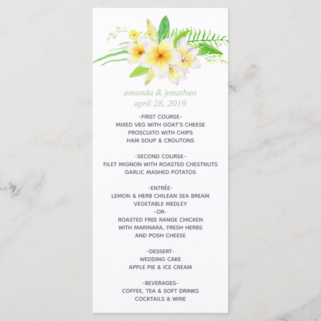 Exotic Watercolor Frangipani Wedding Menu (Front)