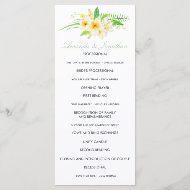 Exotic Watercolor Frangipani Wedding Program (Front)