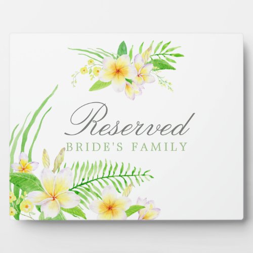 Exotic Watercolor Frangipani Wedding Reserved Sign Plaque
