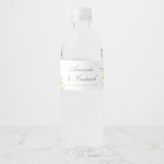 Exotic Watercolor Frangipanis Wedding Water Bottle Label (Front)
