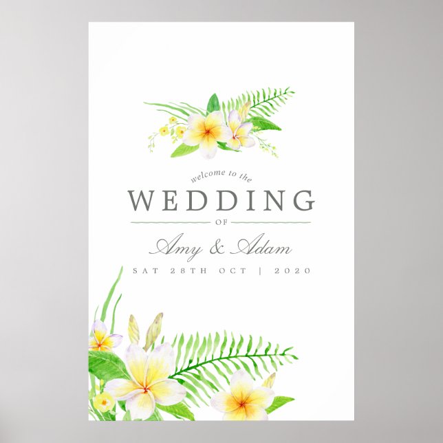 Exotic Watercolor Frangipanis Wedding Welcome Poster (Front)