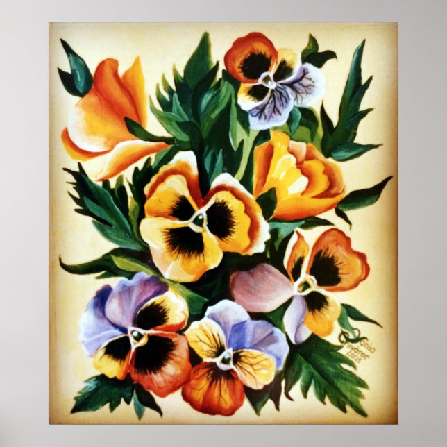 Exotic Watercolor Multicolored Pansies Poster (Front)